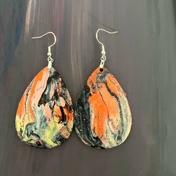 None Jewelry - Abstract Orange and Black Teardrop Earrings